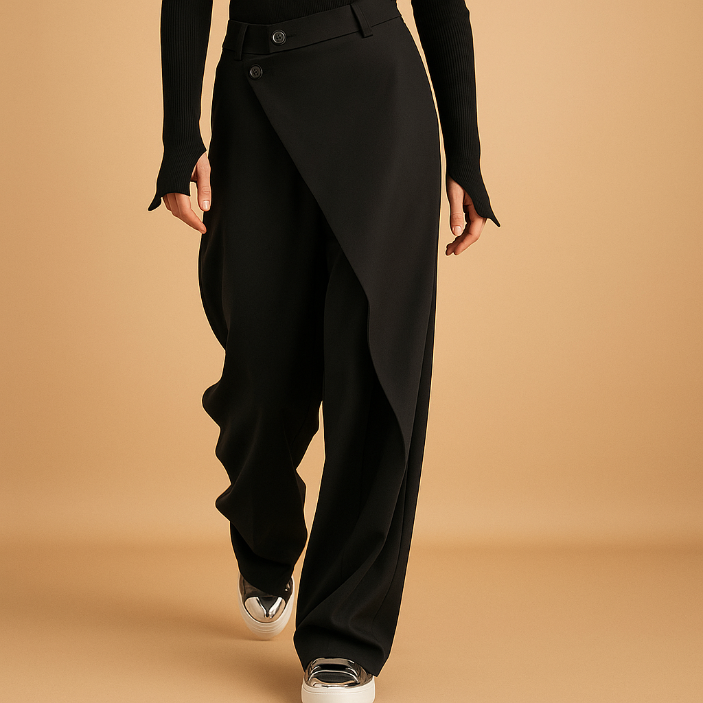 Asymmetrische baggy broek met dubbele knoopsluiting voor dames | Roos