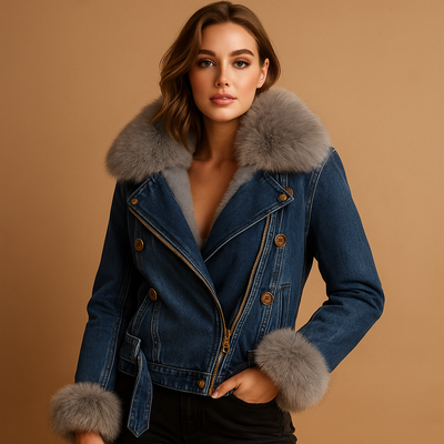 Cropped denim winterjas met imitatiebont voor dames | Lieke