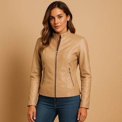Elegante leren jas met kraag en rits voor dames | Marije