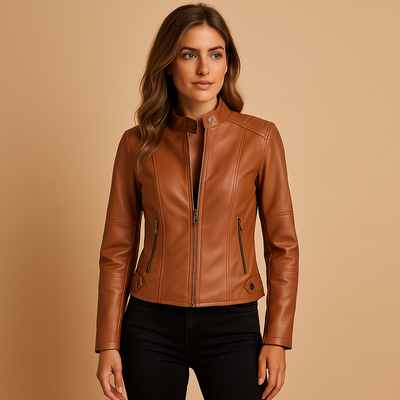 Elegante leren jas met kraag en rits voor dames | Marije