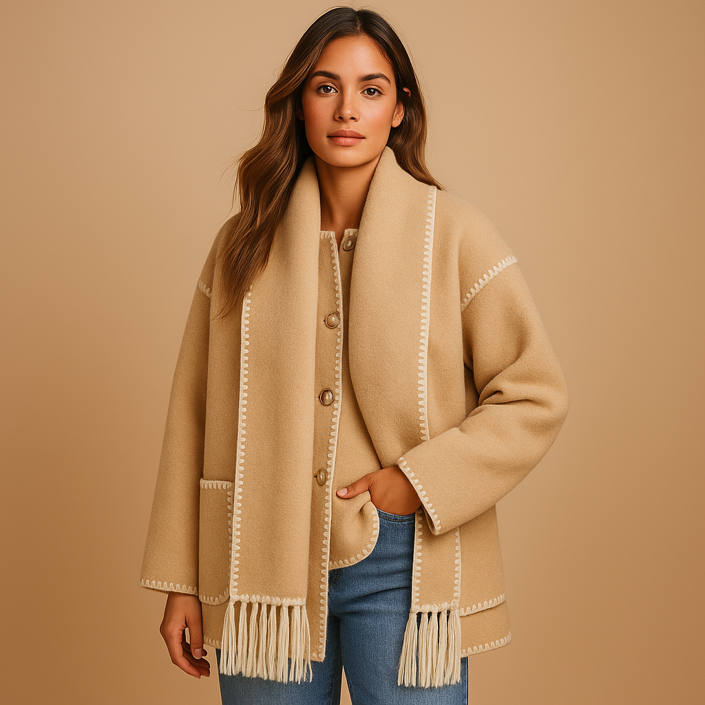 Elegante wintermantel met ceintuur en sjaal voor dames | Annelies