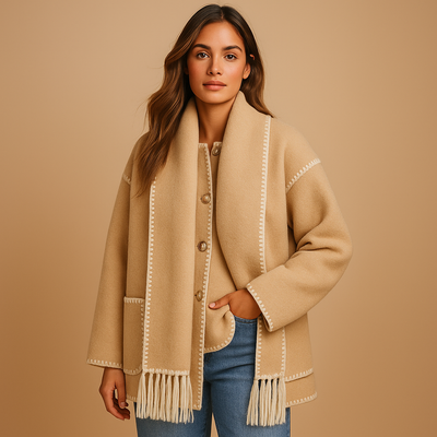Elegante wintermantel met ceintuur en sjaal voor dames | Annelies