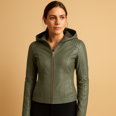 Faux leren jas met capuchon en gouden ritsen voor dames | Yara