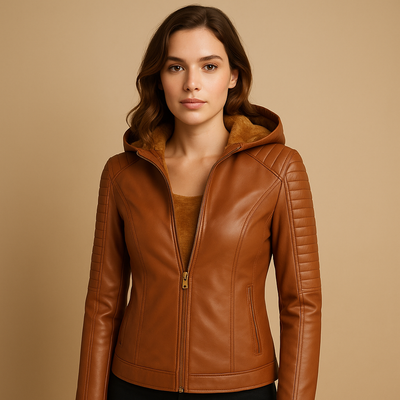 Faux leren jas met capuchon en gouden ritsen voor dames | Yara
