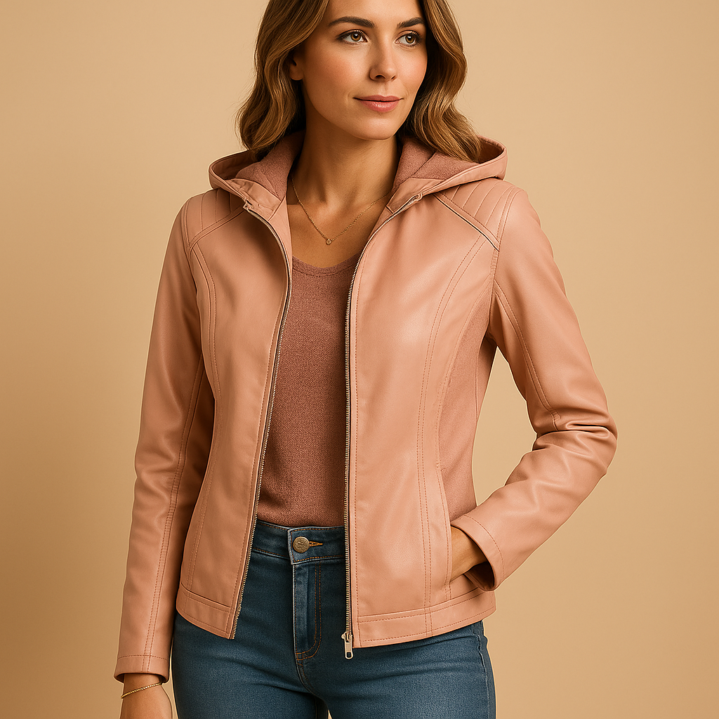 Faux leren jas met capuchon en gouden ritsen voor dames | Yara