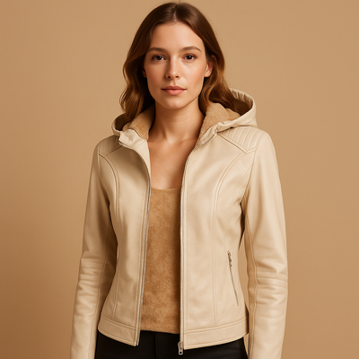 Faux leren jas met capuchon en gouden ritsen voor dames | Yara