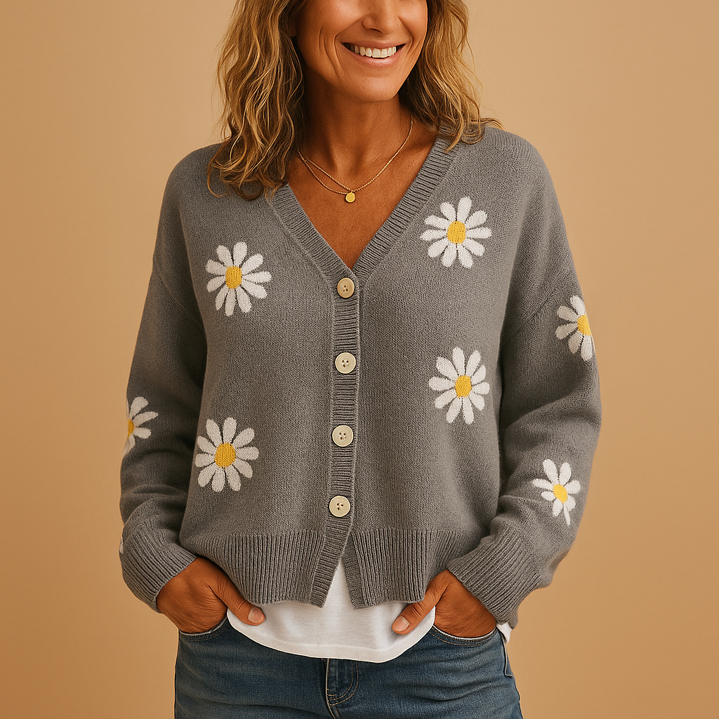 Gebreid damesvest met bloemenpatroon en knoopsluiting | Marije