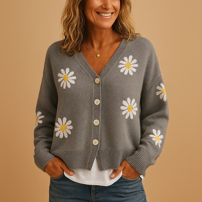 Gebreid damesvest met bloemenpatroon en knoopsluiting | Marije