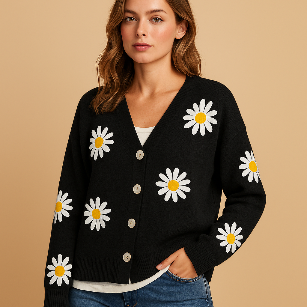 Gebreid damesvest met bloemenpatroon en knoopsluiting | Marije