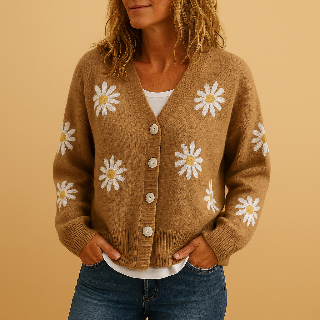 Gebreid damesvest met bloemenpatroon en knoopsluiting | Marije