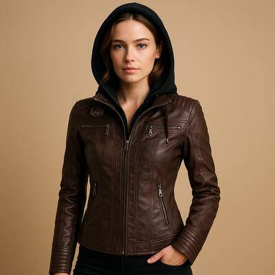 Kort leren jack met afneembare capuchon voor dames | Nadine