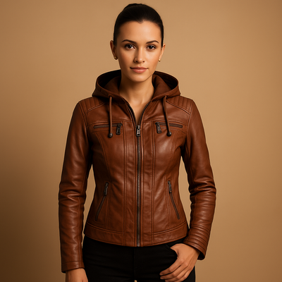 Kort leren jack met afneembare capuchon voor dames | Nadine