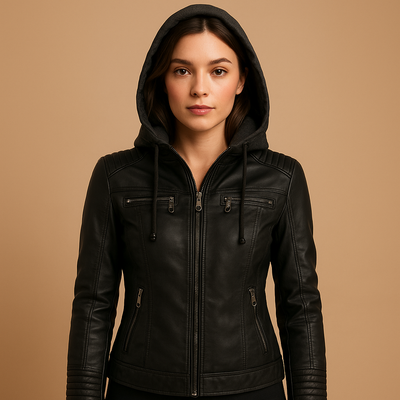 Kort leren jack met afneembare capuchon voor dames | Nadine
