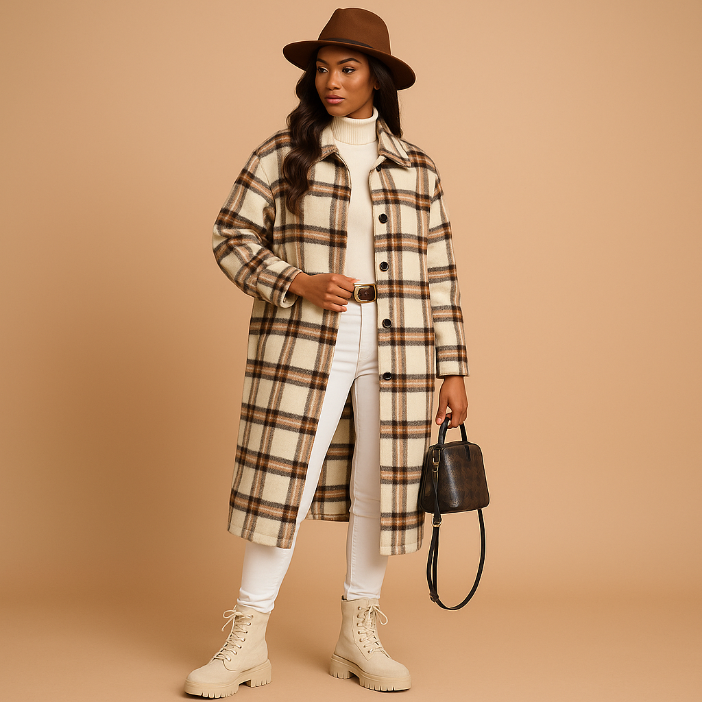 Lange geruite wol-look jas voor dames | Marit