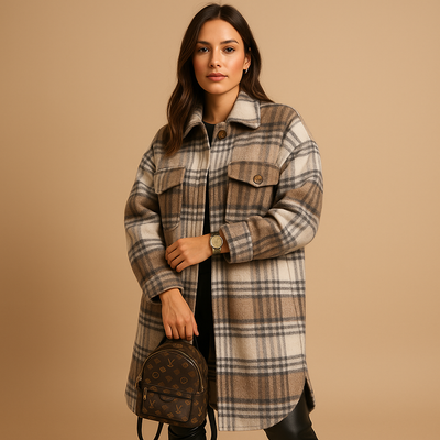 Lange geruite wol-look jas voor dames | Marit