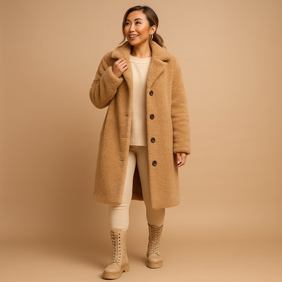 Lange teddy jas in beige voor dames | Lieke