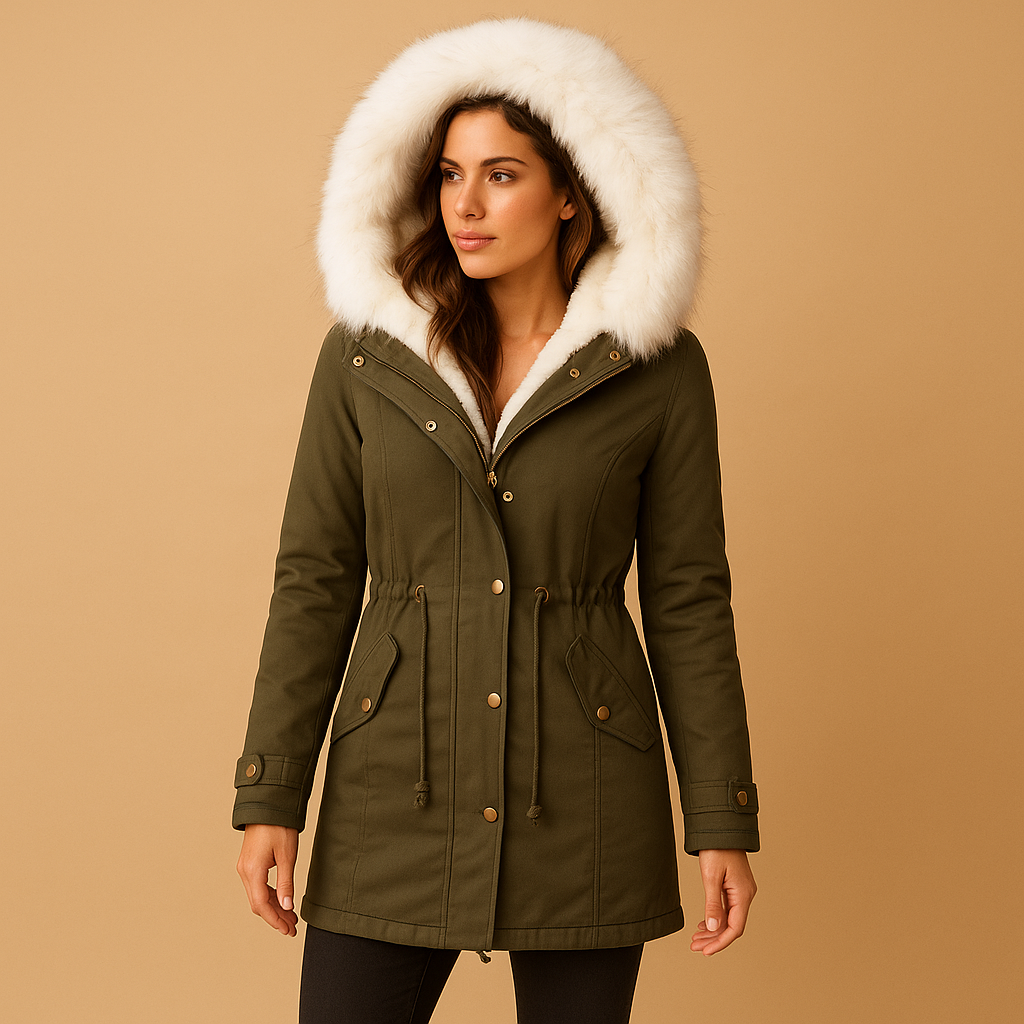 Lange winterjas met imitatiebont capuchon voor dames | Marlies