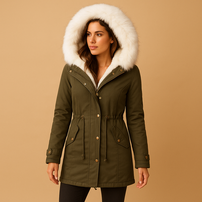 Lange winterjas met imitatiebont capuchon voor dames | Marlies