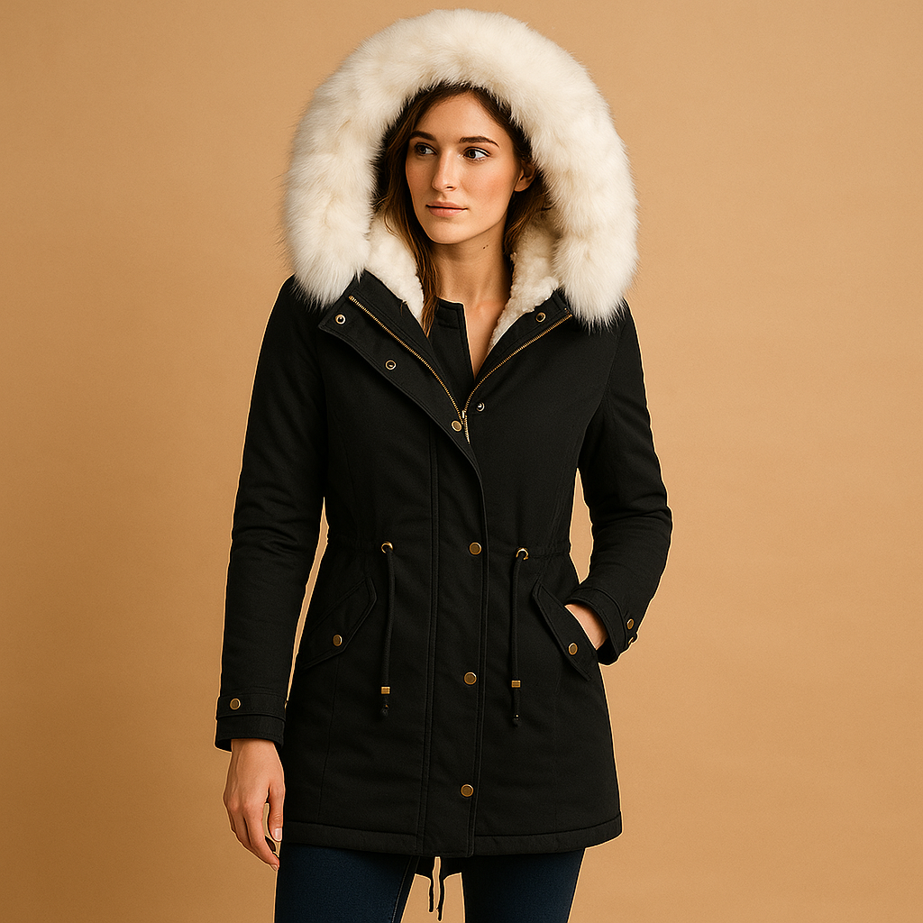 Lange winterjas met imitatiebont capuchon voor dames | Marlies