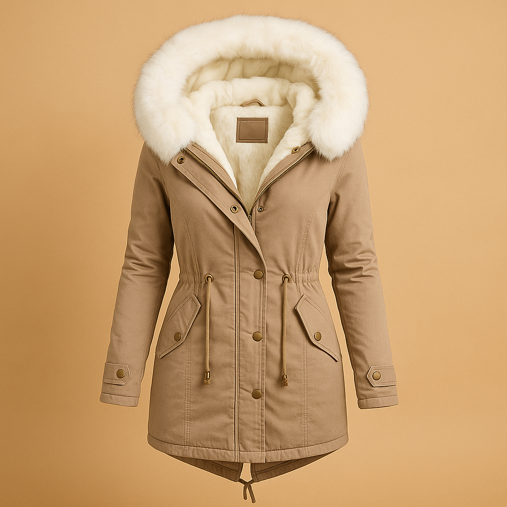 Lange winterjas met imitatiebont capuchon voor dames | Marlies