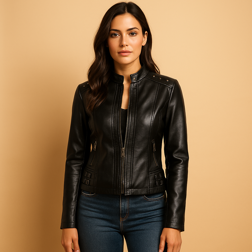 Leren bikerjas met kraag en studs voor dames | Renate