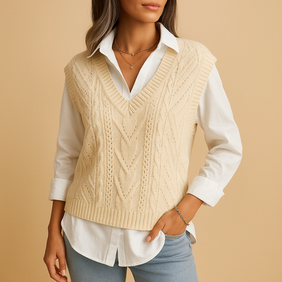 Mouwloos kabelgebreid V-hals vest voor dames | Marit